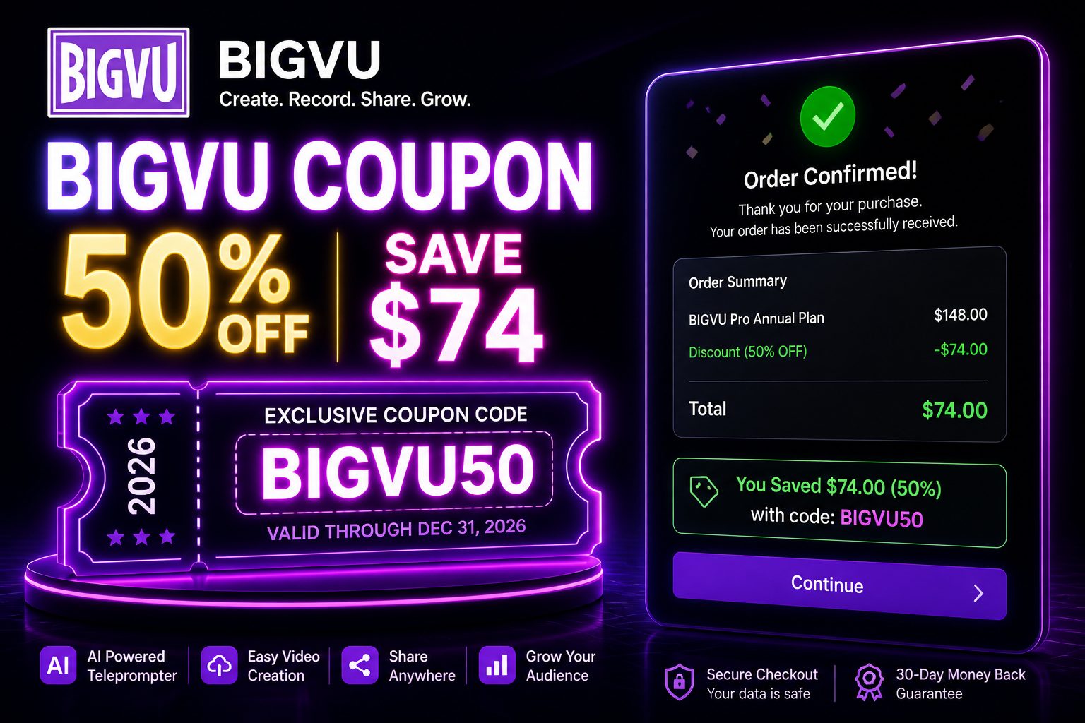 BIGVU Coupon Code 2026: Claim 50% Off First 3 Months (Save Up to $74 on AI Pro)